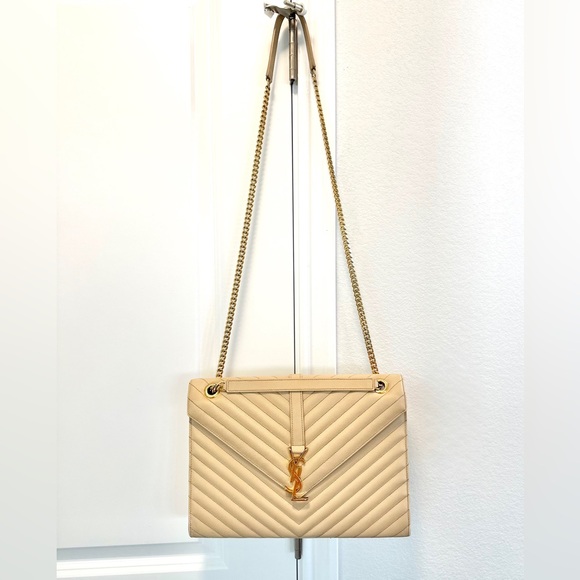 Auth SAINT LAURENT Grain De Poudre Matelasse Chevron Large Monogram Satchel Bag - Picture 2 of 16